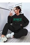 Happiness Eşofman Takımı Sweatshirt Jogger - Siyah Baskılı Oversize Şardonlu Kapüşonlu