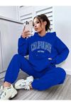 California West Coast Eşofman Takım Sweatshirt Jogger - Sax Mavi Baskılı Oversize Şardonlu Kapüşonlu