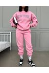 Eşofman Takımı Sweatshirt Jogger - Pembe Baskılı Oversize Şardonlu Bisiklet Yaka