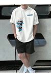 Art T-Shirt Şort - Beyaz Siyah Şort Tişört Takım Baskılı Oversize Bisiklet Yaka