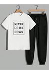 Never Beyaz T-shirt Siyah Eşofman Altı Jogger - Baskılı Alt Üst Eşofman Takım Oversize Bisiklet Yaka