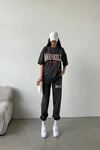Marseille France Baskılı Siyah Eşofman T-shirt  Takım - Antrasit Jogger Eşofman T-shirt  Oversize Bisiklet Yaka