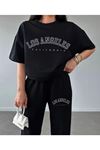Los Angeles T-shirt Eşofman Altı Jogger -siyah Baskılı Alt Üst Eşofman Takımı Oversize Bisiklet Yaka