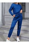 Basic Düz Eşofman Takımı Sweatshirt Jogger - Sax Mavi Oversize Şardonlu Bisiklet Yaka