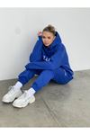 Ellore Eşofman Takımı Sweatshirt Jogger - Sax Mavi Baskılı Oversize Şardonlu Kapüşonlu