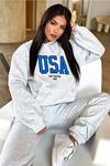Usa Eşofman Takımı Sweatshirt Jogger - Gri Baskılı Oversize Şardonlu Kapüşonlu