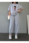 Chen T-shirt Eşofman Altı Jogger - Gri Baskı Alt Üst Eşofman Takımı Oversize Bisiklet Yaka