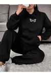 Çift Kelebek Eşofman Takımı Sweatshirt Jogger - Siyah Baskılı Oversize Şardonlu Kapüşonlu