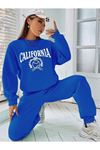 Tenis California Eşofman Takımı Sweatshirt Jogger - Sax Mavi Baskılı Oversize Şardonlu Bisiklet Yaka