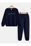 Los Angeles El Yazılı Eşofman Takımı Sweatshirt Jogger - Lacivert Baskılı Oversize Bisiklet Yaka