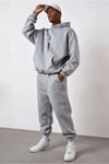Dikey Eşofman Takımı Sweatshirt Jogger - Gri Baskılı Oversize Şardonlu Kapüşonlu