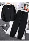 Baskısız Düz Eşofman Takımı Sweatshirt Jogger - Siyah Oversize Şardonlu Bisiklet Yaka