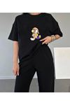 Lola T-shirt Eşofman Altı Jogger -siyah Baskı Alt Üst Eşofman Takım Oversize Bisiklet Yaka