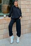 2'li Basic Düz Eşofman Takımı Sweatshirt Jogger - Siyah Gri Oversize Şardonlu Kapüşonlu