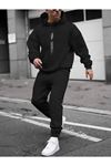 Dikey Eşofman Takımı Sweatshirt Jogger - Siyah Baskılı Oversize Şardonlu Kapüşonlu