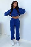 Basic Düz Eşofman Takımı Sweatshirt Jogger - Sax Mavi Oversize Şardonlu Kapüşonlu