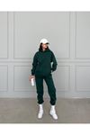 Basic Düz Eşofman Takımı Sweatshirt Jogger - Yeşil Oversize Şardonlu Kapüşonlu