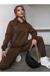 Basic Düz Eşofman Takımı Sweatshirt Jogger - Kahverengi Oversize Şardonlu Kapüşonlu