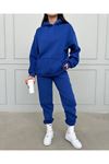 Basic Düz Eşofman Takımı Sweatshirt Jogger - Sax Mavi Oversize Şardonlu Kapüşonlu