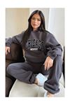 Chicago Eşofman Takımı Sweatshirt Jogger - Füme Baskılı Oversize Şardonlu Kapüşonlu