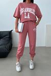 Los Angeles T-shirt Eşofman Altı - Pembe Baskılı Alt Üst Eşofman Takımı Oversize Bisiklet Yaka