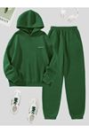 California Yazılı Eşofman Takımı Sweatshirt Jogger - Yeşil Baskılı Oversize Şardonlu Kapüşonlu