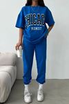 Chicago T-shirt Eşofman Altı Jogger - Mavi Baskı Alt Üst Eşofman Takımı Oversize Bisiklet Yaka