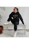 Mickey Yazı Figür Eşofman Takımı Sweatshirt Jogger - Siyah Baskılı Oversize Şardonlu Kapüşonlu