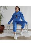 Mickey Yazı Figür Eşofman Takımı Sweatshirt Jogger - Sax Mavi Baskılı Oversize Şardonlu Kapüşonlu