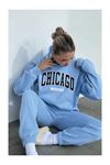 Chicago Eşofman Takımı Sweatshirt Jogger - Bebe Mavisi Baskılı Oversize Şardonlu Kapüşonlu