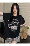 Santa Barbara T-Shirt - Siyah Baskılı Oversize Bisiklet Yaka Kısa Kol