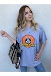 Looney Tunes T-shirt - Gri Baskılı Oversize Bisiklet Yaka Kısa Kol Tişört