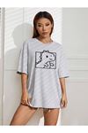 Sevimli Dinazor T-shirt - Gri Oversize Baskılı Bisiklet Yaka