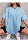 Düz Basic T-Shirt -Bebe Mavisi Oversize Bisiklet Yaka Kısa Kol