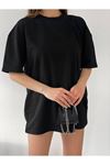 Düz Basic T-shirt - Siyah Oversize Bisiklet Yaka Kısa Kol Tişört