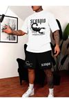 Siyah Şort Beyaz Tişört Takım Akrep Baskılı Oversize Unisex