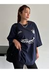 Fantastıc Süprem T-shirt - Lacivert Baskılı Oversize Bisiklet Yaka Kısa Kol Tişört