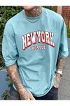 Newyork Hustle Süprem T-Shirt - Bebe Mavisi Baskılı Oversize Bisiklet Yaka Kısa Kol Tişört