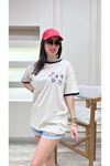 Uncool Bej Gövde Lacivert Biyeli T-Shirt - Oversize Bisiklet Yaka Kısa Kol Tişört
