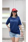Leisure Future Parçalı Süprem T-Shirt - Lacivert Gövde Omuz Beyaz Şeritli Tişört Oversize Bisiklet Yaka