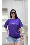 Thousand Süprem Mor T-Shirt -  BeYAZ Baskılı Oversize Bisiklet Yaka Kısa Kol Tişört