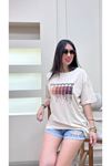 Leopar Desen Kalpler Süprem T-Shirt - Bej Baskılı Oversize Bisiklet Yaka Kısa Kol Tişört