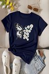 Kelebek Papatya Baskılı Süprem Lacivert T-Shirt - Oversize Bisiklet Yaka Tişört
