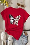 Kelebek Papatya Baskılı Süprem Kırmızı T-Shirt - Oversize Bisiklet Yaka Tişört