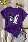 Kelebek Papatya Baskılı Süprem Mor T-Shirt - Oversize Bisiklet Yaka Tişört