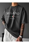 MILANO ITALIA Baskılı Süprem Füme T-Shirt - Oversize Bisiklet Yaka Tişört