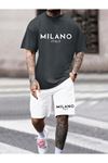 MILANO ITALY Baskılı Beyaz Şort Füme T-shirt Takım Oversize Unisex Alt Üst Takım