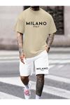 MILANO ITALY Baskılı Beyaz Şort Bej T-shirt Takım Oversize Unisex Alt Üst Takım
