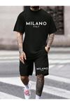 MILANO ITALY Baskılı Siyah Şort T-shirt Takım Oversize Unisex Alt Üst Takım