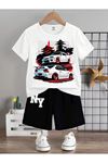 NY CAR Baskılı Pamuklu Çocuk Siyah Şort Beyaz T-shirt Takım - Erkek Çocuk Yazlık Bisiklet Yaka